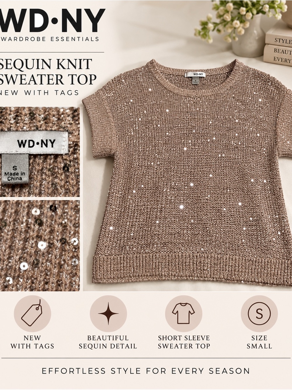 WD.NY Women’s Short Sleeve Sequin Knit Sweater Top - Taupe Size Small